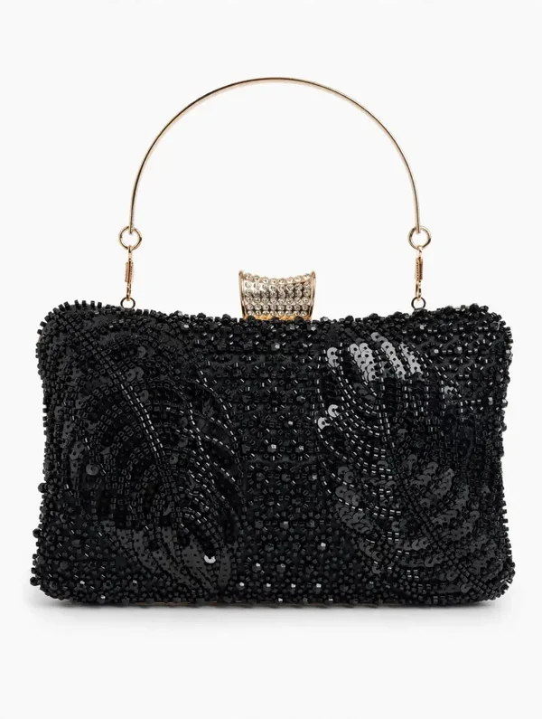 B Bag - Black Sequin Beaded Clutch - Gold Crystal Clasp Evening Bag