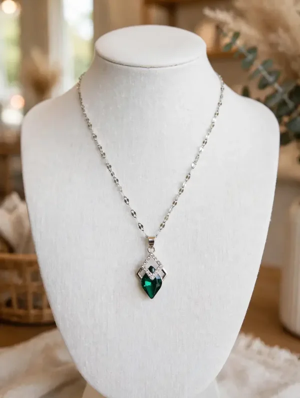 0345 Jewelry - Emerald Deco Drop Necklace – Silver