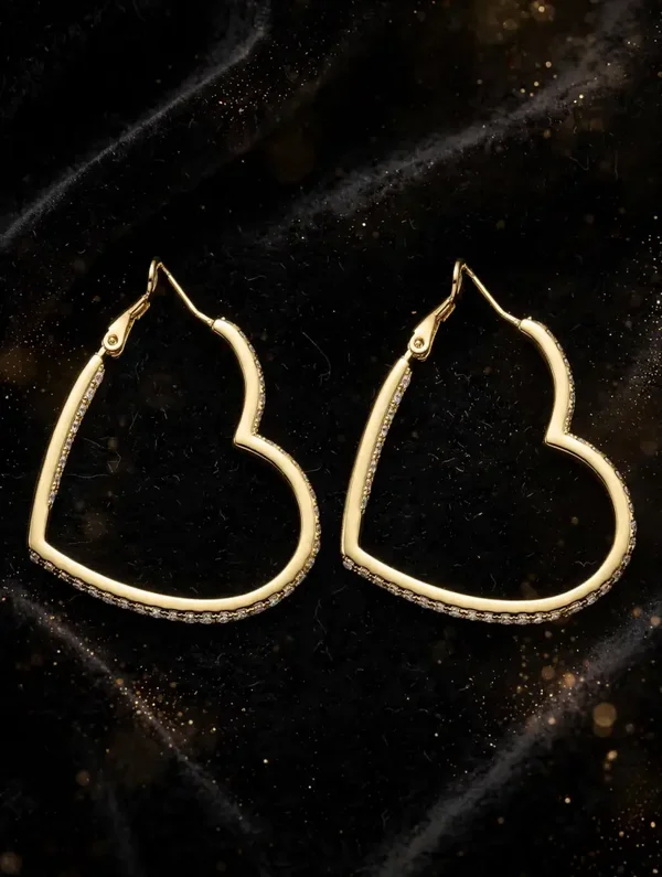 0304 Jewelry -  Gold Tone Pavé Heart Hoop Earrings
