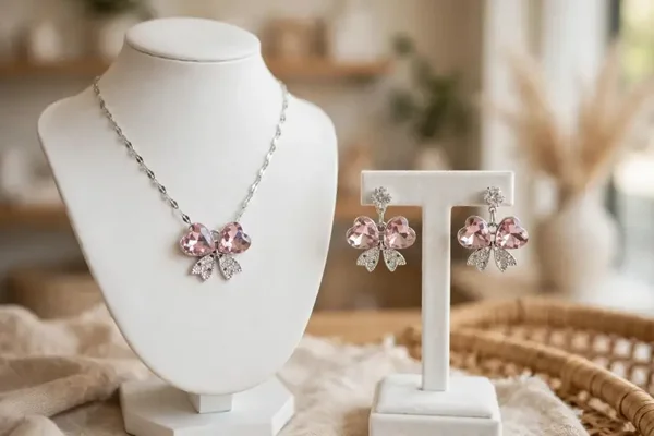 0349 Jewelry - Pink Heart Bow Necklace + Earrings Set – Silver
