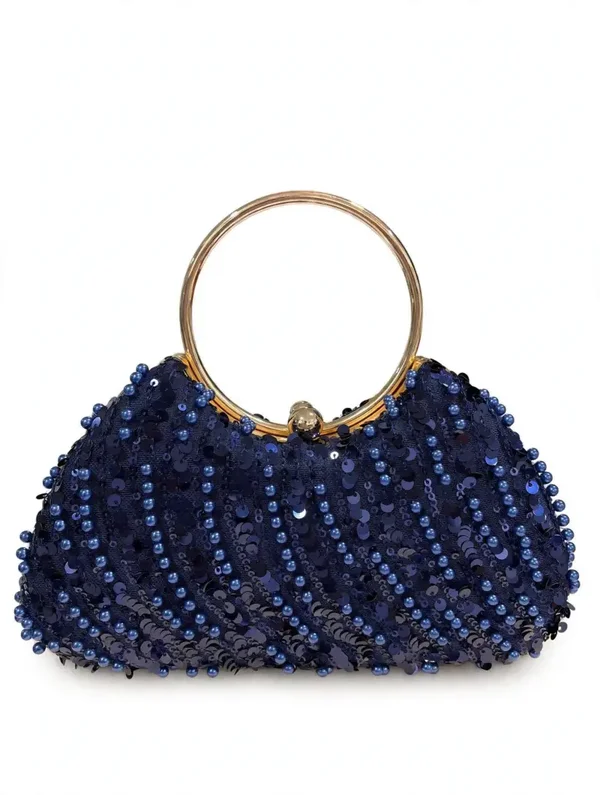 0278 Bag - Navy Sequin & Pearl Ring Clutch – Gold Handle