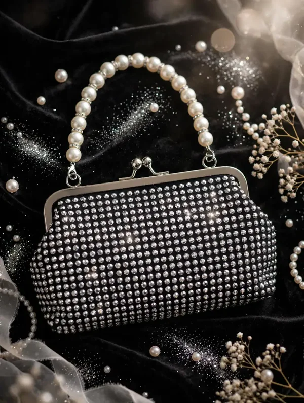 E Bag - Black Crystal  Clutch with Pearl Handle