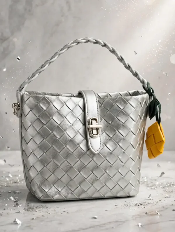 0331 Bag - Silver Woven Bucket Bag - Metallic Braided Handle Bag