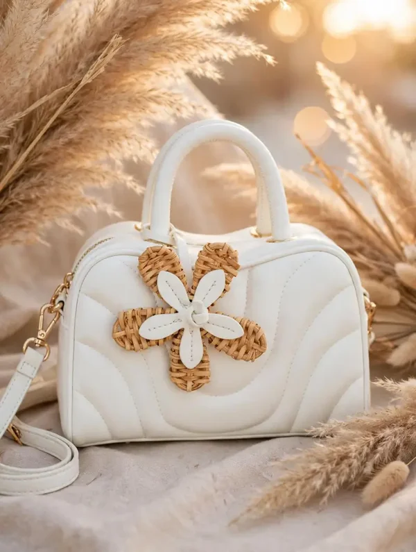 0364 Bag - I.N.C. AYDENN Bright White Mini Boston Satchel with Rattan Flower Charm - NWT