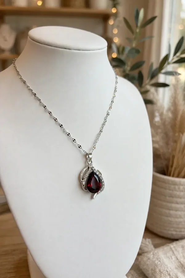 0342 Jewelry - Garnet Teardrop Halo Necklace – Silver
