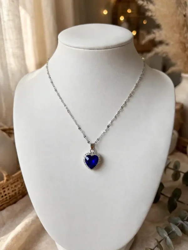 0347 Jewelry - Ocean Blue Heart Halo Necklace – Silver
