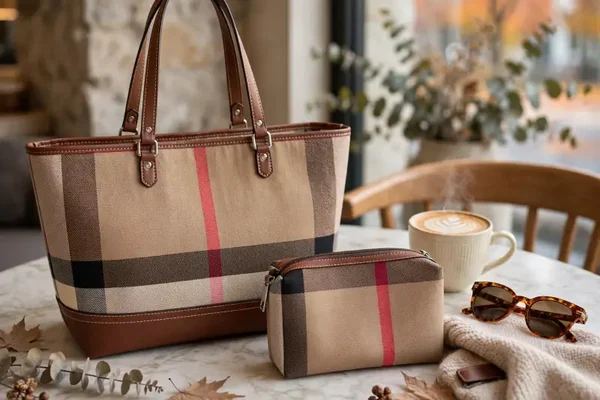 0386 Bag - Beige Large Tote Bag Brown Leather Handles Matching Zip Pouch