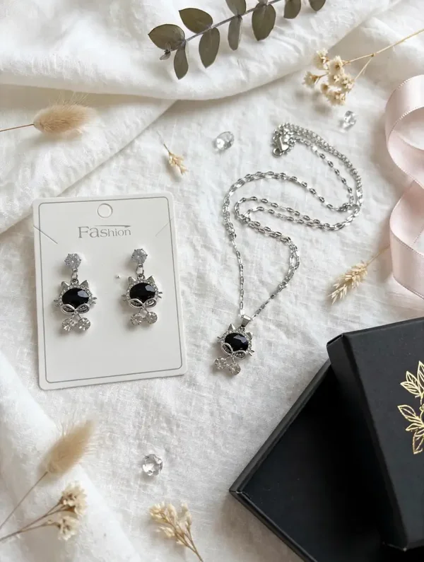0390 Jewelry - Midnight Kitty Jewelry Set — Earrings + Necklace