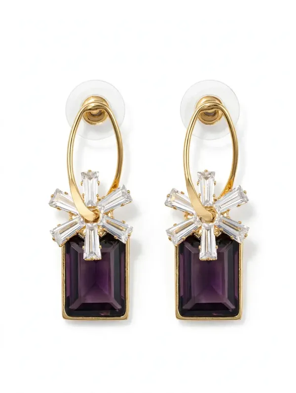 0409 Jewelry - Amethyst Starburst Drops - Gold & Crystal Purple Rectangle