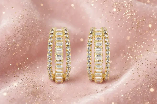0424 Jewelry - Triple Crystal Baguette Hoops — Gold