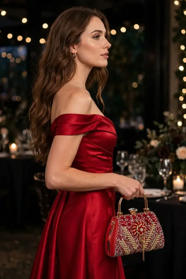0403 Bag - Ruby Radiance Crystal Clutch - Red & Gold Evening Bag