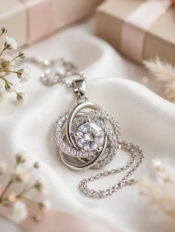 0418 Jewelry - Silver Love Knot Necklace – Crystal Swirl Pendant