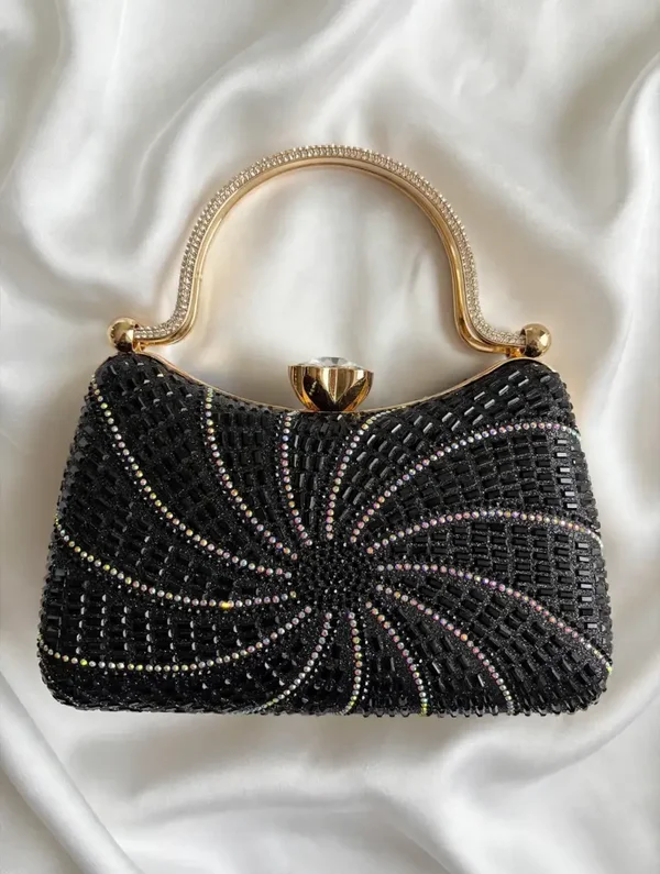 0410 Bag - Black Starburst Crystal Clutch - AB Swirl + Gold Handle & Flower Clasp