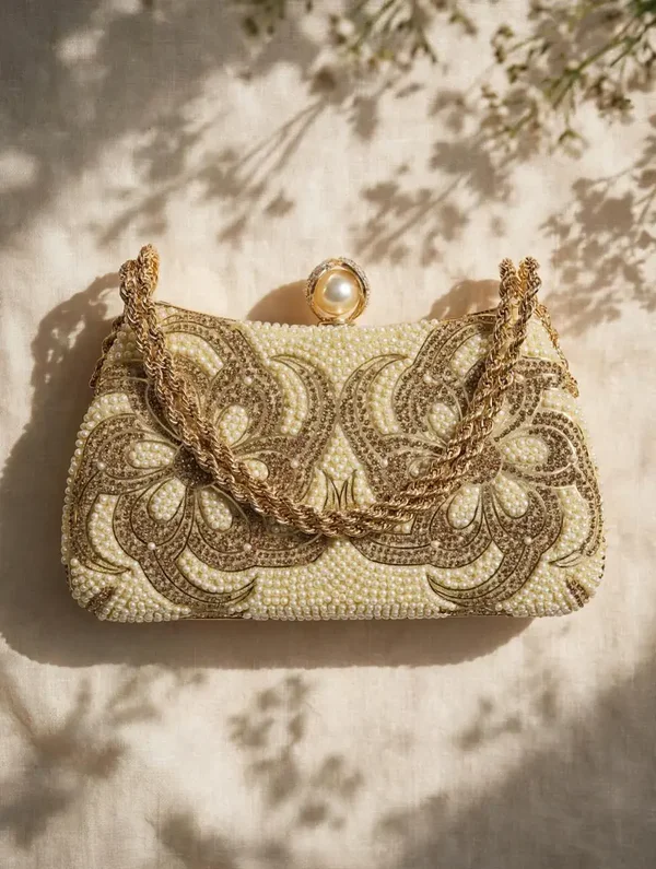 0412 Bag - Gold & Ivory Pearl Evening Clutch.