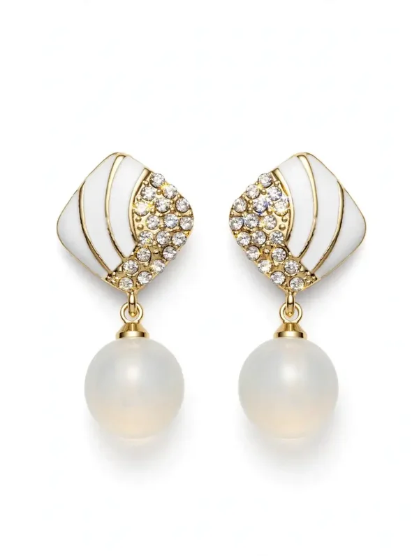 0407 Jewelry - Ivory Shell Pearl Drops - White Enamel & Crystal