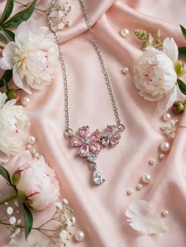 0428 Jewelry - Pink Cherry Blossom Drop Necklace — Silver