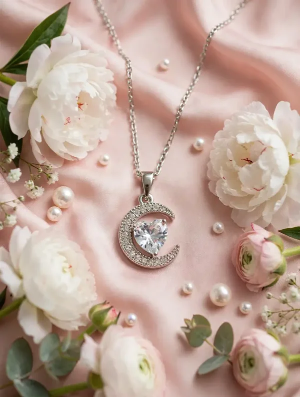 0427 Jewelry - Moon & Heart Crystal Pendant Necklace — Silver