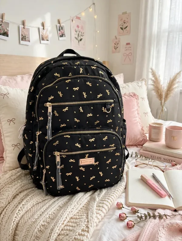 0470 Bag - Madden Girl Black & Gold Bow Backpack