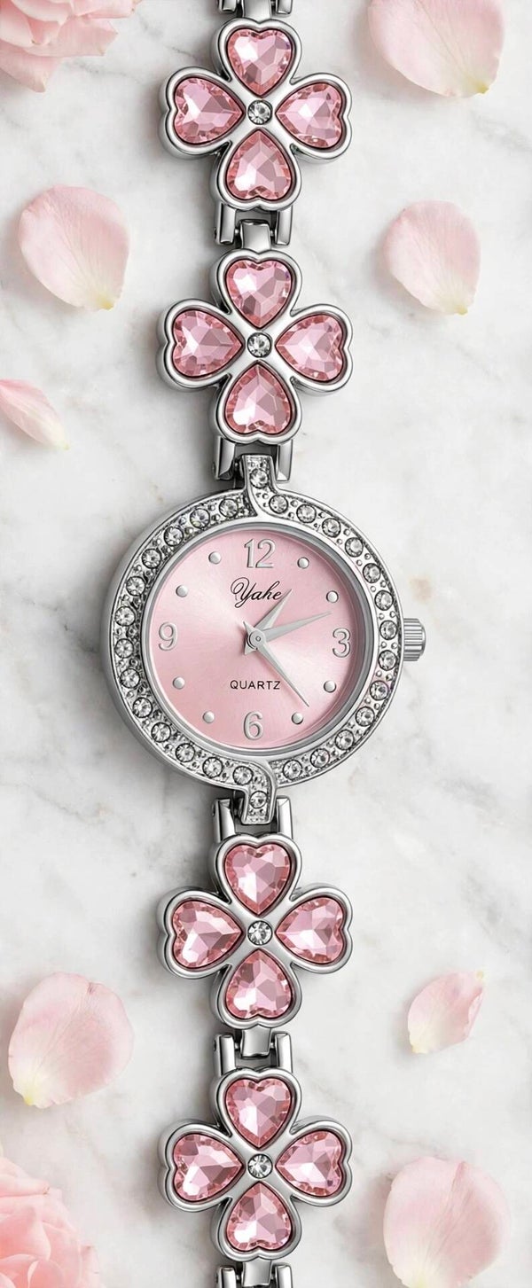 0533 Watch - Yake Quartz Women’s Silver-Tone Flower Bracelet Watch Set Pink Dial Gem Bezel