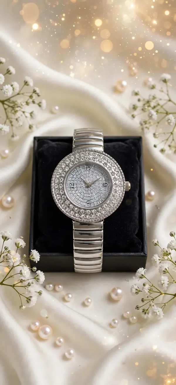 0538 Watch - Women’s Quartz Silver-Tone Rhinestone Bezel Expansion Bracelet Watch 24-27mm