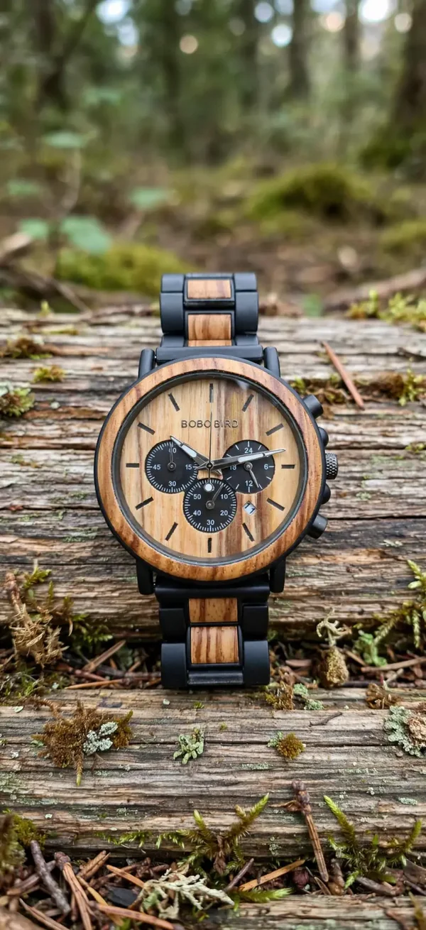 0547 Watch - BOBO BIRD Quartz Chronograph Bracelet Watch Wood Grain Dial Date 24-Hour 44mm