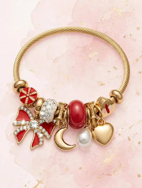Jewelry - Gold Tone Stretch Bangle Red Enamel Bow Heart Crescent