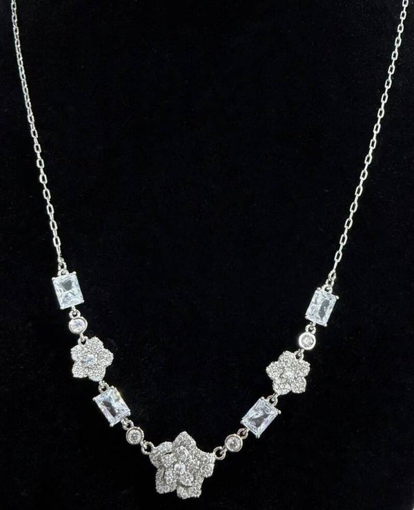 0146 Necklace - Silver Tone Rhinestone Flower Charm Necklace, Clear Crystals