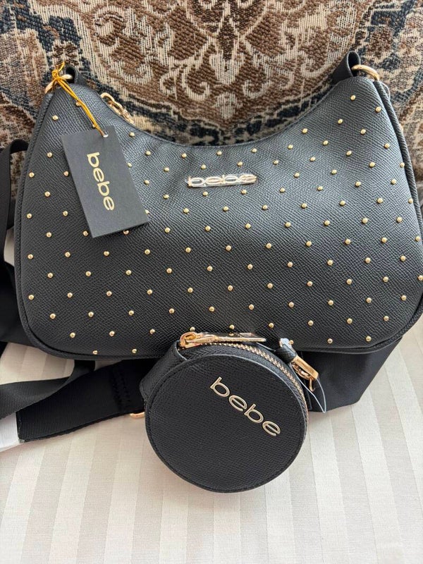 Bag - bebe Black Studded Logo Zip Crossbody Bag Gold Hardware