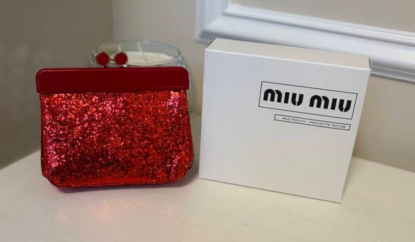 Bag - Miu Miu Red Glitter Kiss Lock Clutch Gold Hardware Small With Box