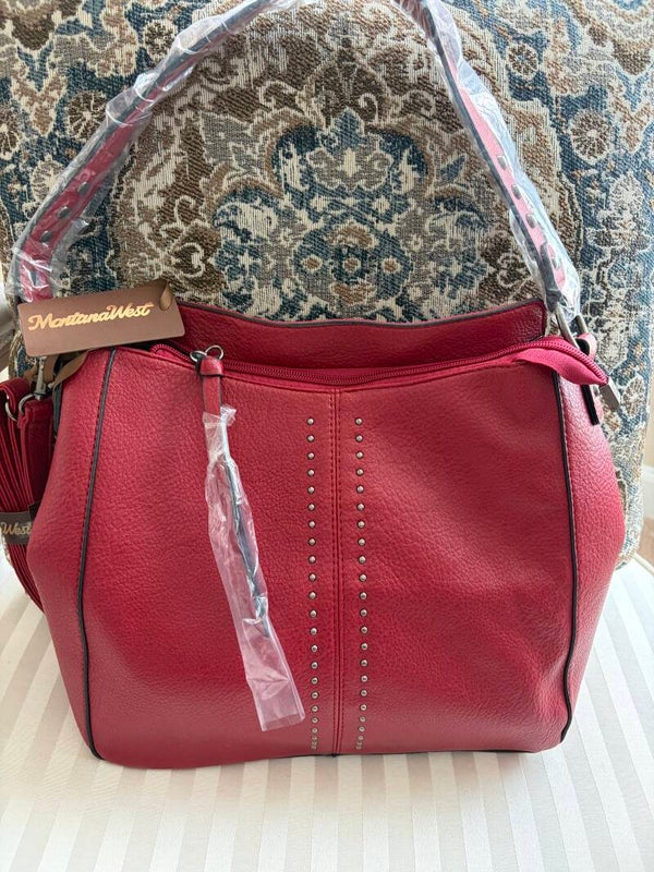 Bag - Montana West Red Pebbled Studded Zip Shoulder Bag