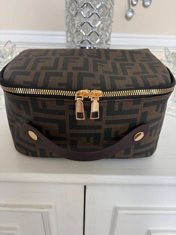 Makeup Pouch - Brown/Black Monogram Zipper Makeup Bag/Case