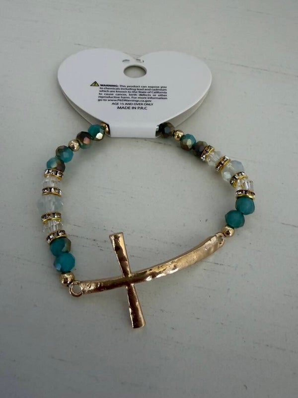 Jewelry - Blue Cross Charm Beaded Bracelet Turquoise/Blue Beads