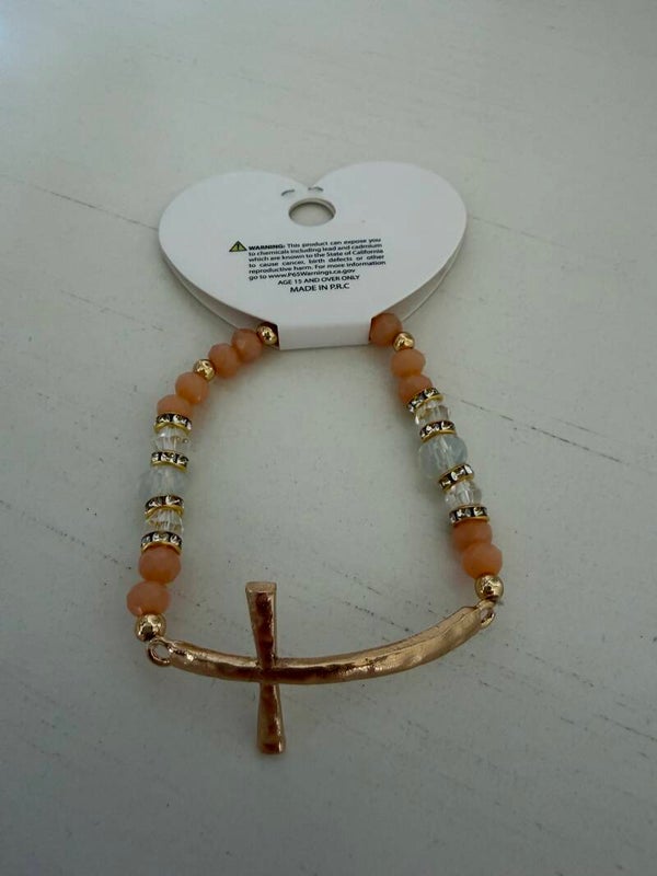 Jewelry - Peach Beaded Stretch Bracelet Clear Crystal Beads