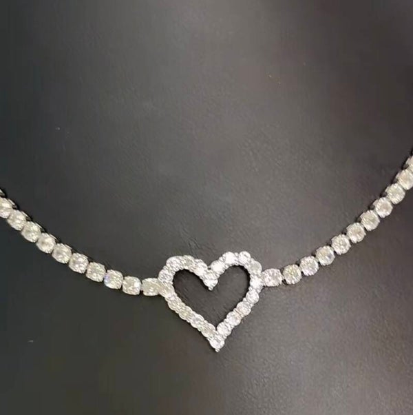 Jewelry - Silver Tone Rhinestone Tennis Chain Heart Pendant Necklace