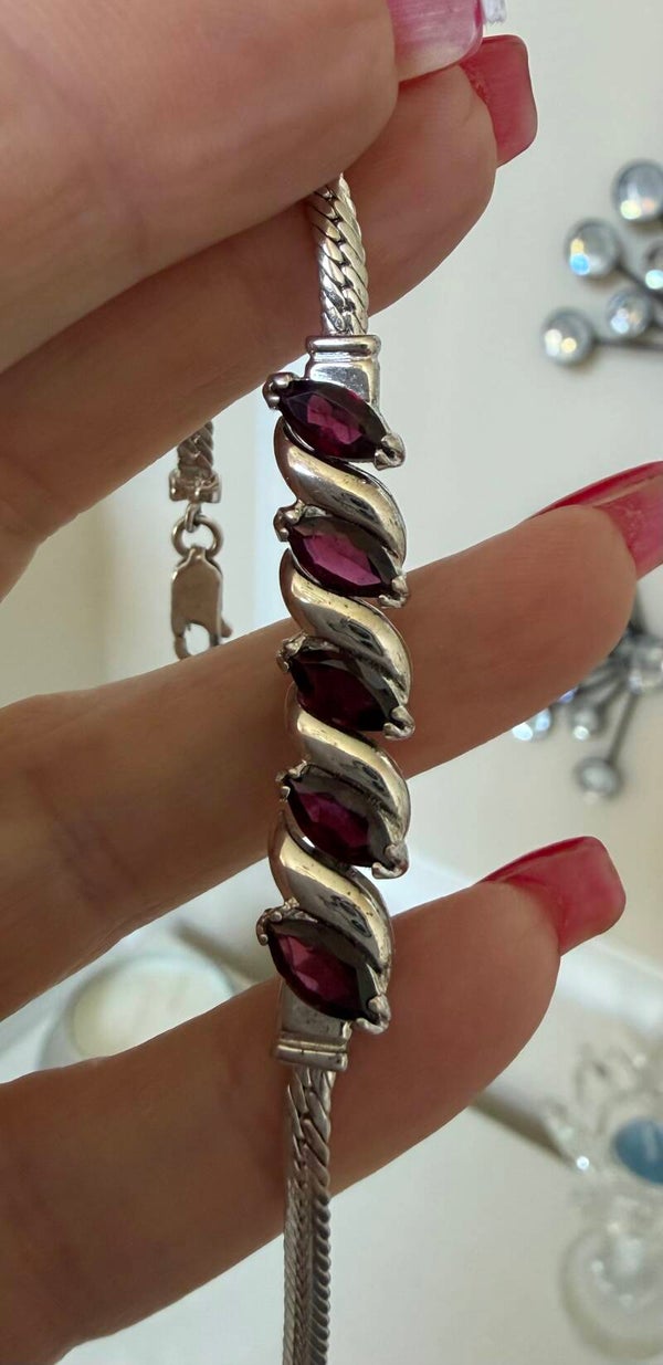 Jewelry - Silver Tone Snake Chain Bracelet Garnet Marquise Stones Lobster Clasp 5