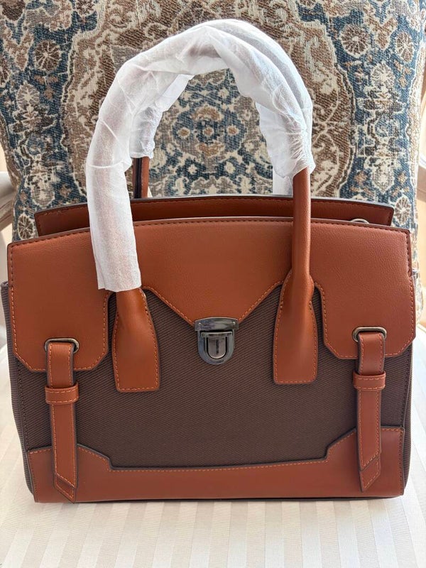 Bag - Fashion Brown Tan Colorblock Satchel Top Handle Bag with Matching Long Wallet