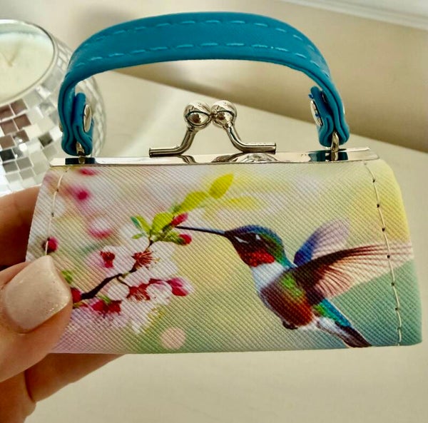 Bag - Women’s Mini Bird & Floral Print Kiss-Lock Purse w/ Blue Handle Strap.