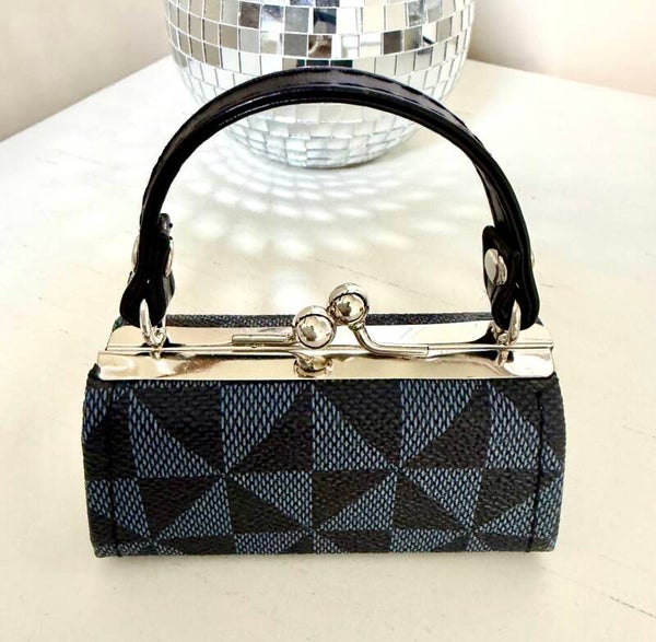 Bag - Mini Black Gray Geometric Kiss Lock Top Handle Clutch Hardware