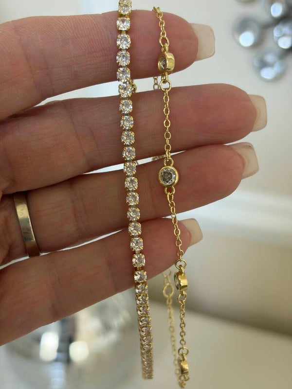 Jewelry - Gold Tone Cable Chain & Tennis Bracelet Clear Rhinestones