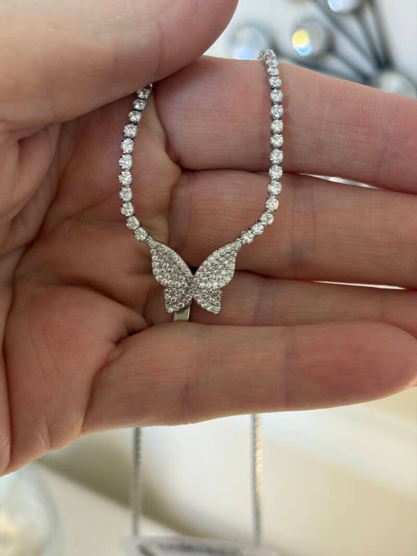 Jewelry - Silver Tone Rhinestone Tennis Chain Butterfly Necklace