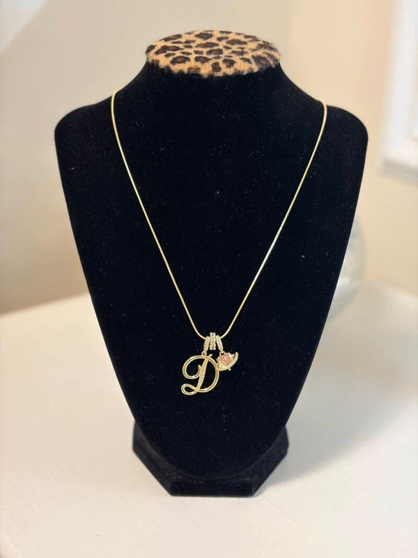 Jewelry - Gold Tone Snake Chain Letter D Pendant Pink CZ Charm