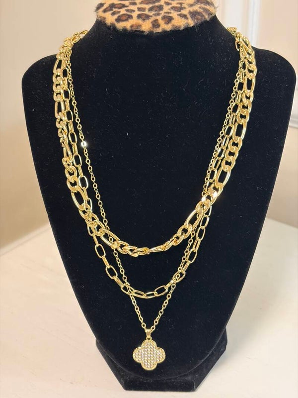 Jewelry - Gold Tone Cable Layered Chain Clover Charm Pendant Necklace, Pavé Clear Crystal