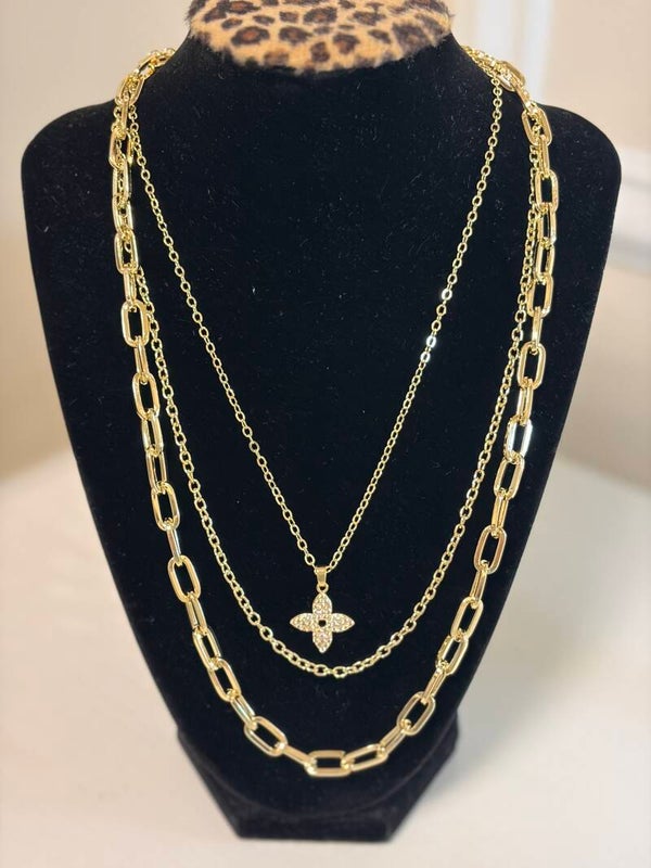 Jewelry - Gold Tone Layered Cable Chain Pavé Clear Crystal  Necklace