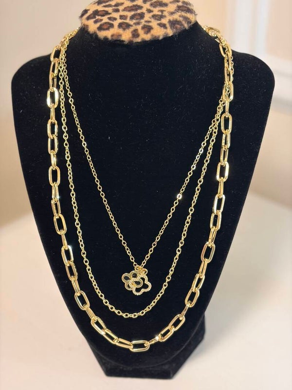 Jewelry - Gold Tone Layered Link Chain Flower & Black Charm Necklace