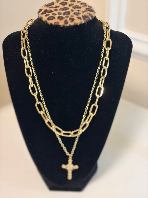 Jewelry - Gold Tone Layered Cable Chain, White CZ Prong Set