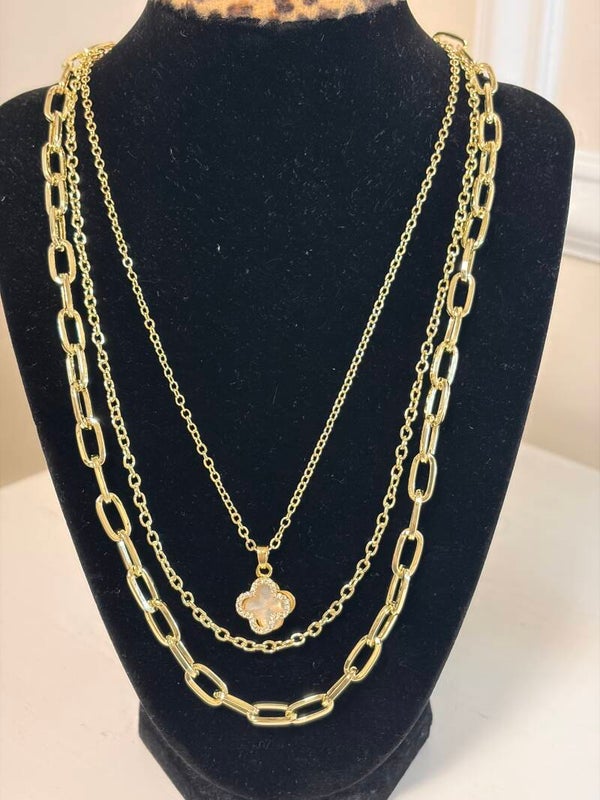 Jewelry - Gold Tone Layered Cable Chain Flower Charm Pendant Necklace