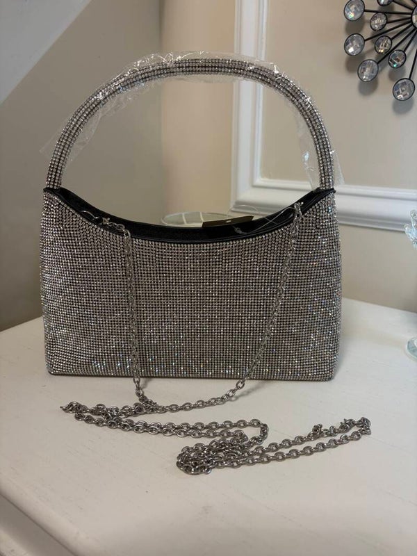 Bag - Silver Rhinestone Top Handle Bag Zip Closure Small Party Formal