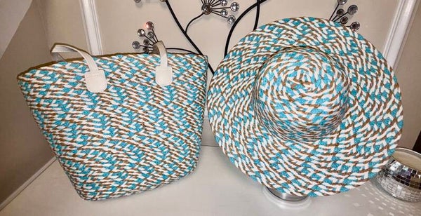 Hat/Tote - Blue Beige White Woven Tote Bag White Faux Leather Double Handles Matching Hat