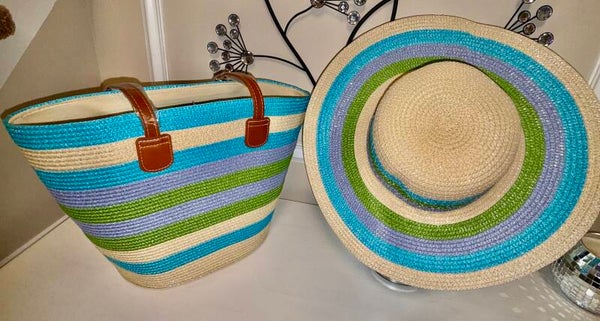 Hat/Tote - Striped Multicolor Tote Bag & Wide Rim Sun Hat