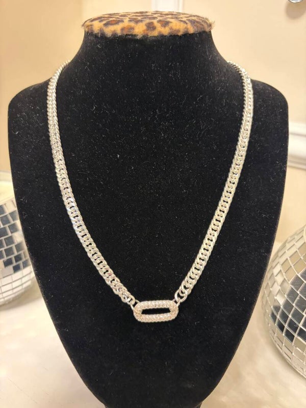 Jewelry - Silver Tone Cuban Link Chain Pavé Oval Pendant Necklace